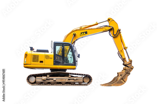 Yellow excavator with a brown bucket on the treads. Ideal for construction, industrial, machinery, engineering, and heavy equipment concepts in design projects
