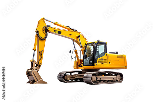 Yellow excavator with a brown bucket on the treads. Ideal for construction, industrial, machinery, engineering, and heavy equipment concepts in design projects