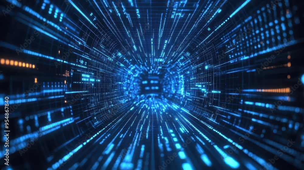 Futuristic Digital Tunnel with Glowing Blue Lights and Data Streams Futuristic Digital Tunnel with Glowing Blue Lights and Data Streams