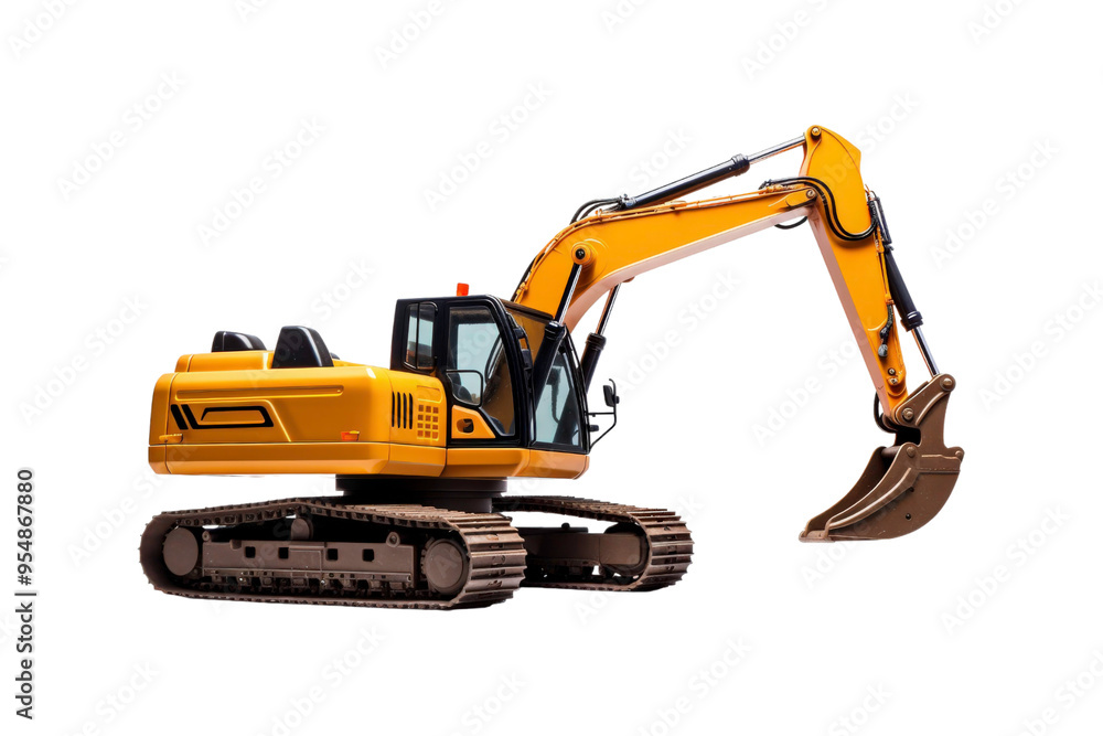 Yellow excavator with a brown bucket on the treads. Ideal for construction, industrial, machinery, engineering, and heavy equipment concepts in design projects Yellow excavator with a brown bucket on the treads. Ideal for construction, industrial, machinery, engineering, and heavy equipment concepts in design projects