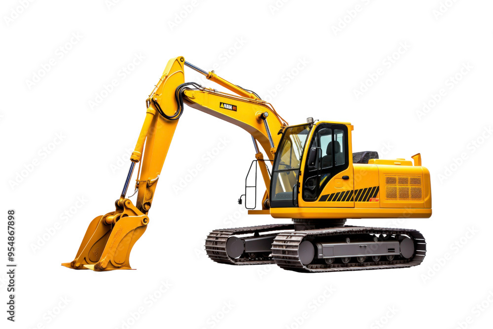 Yellow excavator with a brown bucket on the treads. Ideal for construction, industrial, machinery, engineering, and heavy equipment concepts in design projects Yellow excavator with a brown bucket on the treads. Ideal for construction, industrial, machinery, engineering, and heavy equipment concepts in design projects