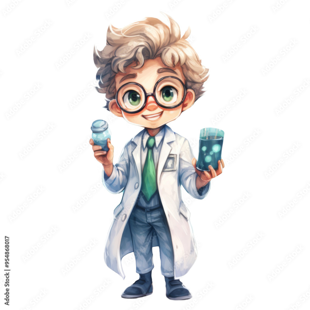 A Smiling Cartoon Scientist Holding a Potion and a Test Tube A Smiling Cartoon Scientist Holding a Potion and a Test Tube