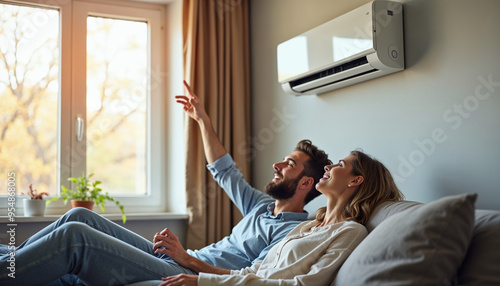 Young family couple enjoying life in their apartment with a modern air conditioning system. Happy husband and wife relaxing on the sofa at home and setting up the temperature on their AC on the wall