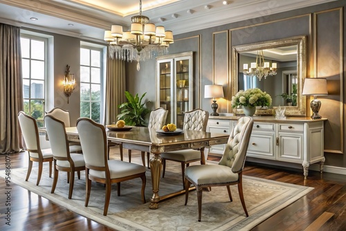 Urban chic meets timeless elegance as sleek furniture pieces are carefully curated in a stunning dining room setting,