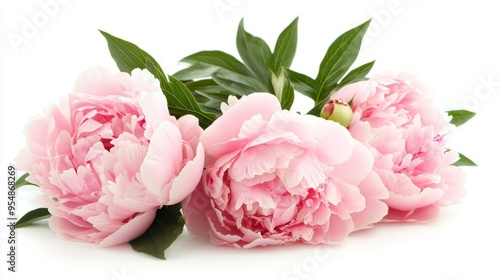 A bunch of pink peonies with lush, full blooms and green leaves, set against a clean white background to accentuate their beauty.