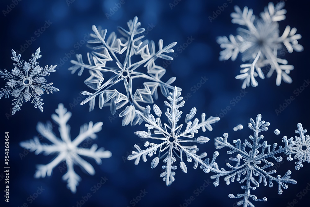 A minimalist snowflake design with large detailed snowflakes scattered across a cool icy background, AI Generated A minimalist snowflake design with large detailed snowflakes scattered across a cool icy background, AI Generated