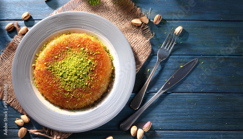 Middle eastern sweets kunefe, kunafa, kadayif with pistachio .Turkish , arabic traditional dessert. ai generated