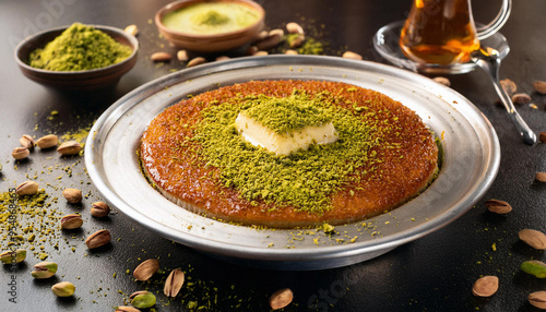 Middle eastern sweets kunefe, kunafa, kadayif with pistachio .Turkish , arabic traditional dessert. ai generated