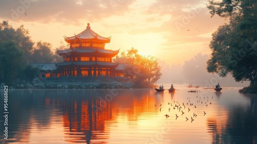 Serene sunset over a traditional pavilion by a tranquil lake.