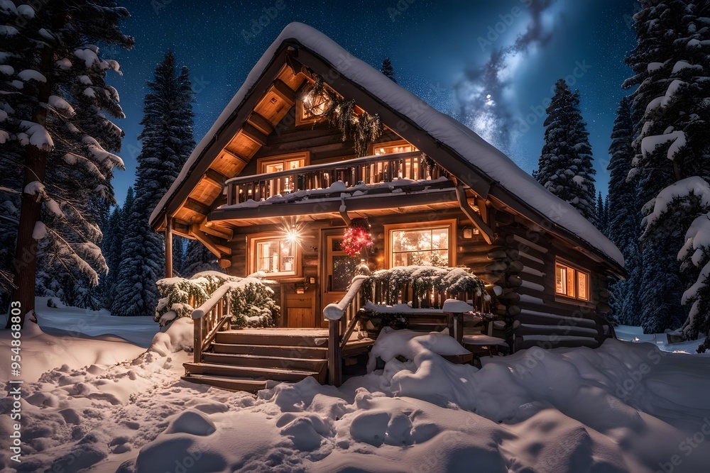 A cozy winter cabin surrounded by snow covered pine trees twinkling Christmas lights, AI Generated A cozy winter cabin surrounded by snow covered pine trees twinkling Christmas lights, AI Generated