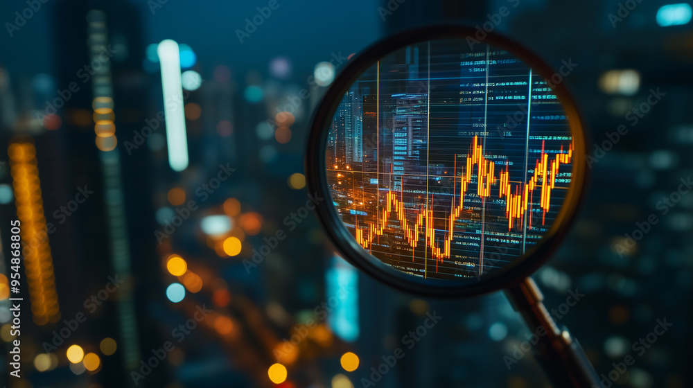 Illuminated stock market data viewed through a magnifying glass against a city skyline backdrop Illuminated stock market data viewed through a magnifying glass against a city skyline backdrop