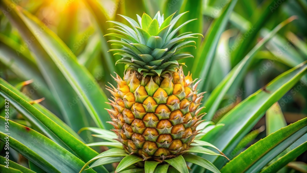 Vibrant green leaves surround a tantalizing, ripe yellow pineapple at the center of this stunning tropical plant's Vibrant green leaves surround a tantalizing, ripe yellow pineapple at the center of this stunning tropical plant's