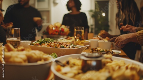 A modern Thanksgiving celebration in an urban apartment, with friends gathered around a table set with a mix of contemporary and traditional decor, enjoying a variety of global dishes