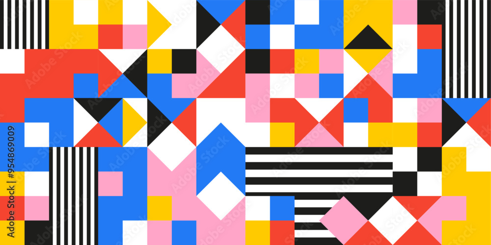 Geometric pattern made up of five colors and shapes- red, blue, pink, black, and white Geometric pattern made up of five colors and shapes- red, blue, pink, black, and white