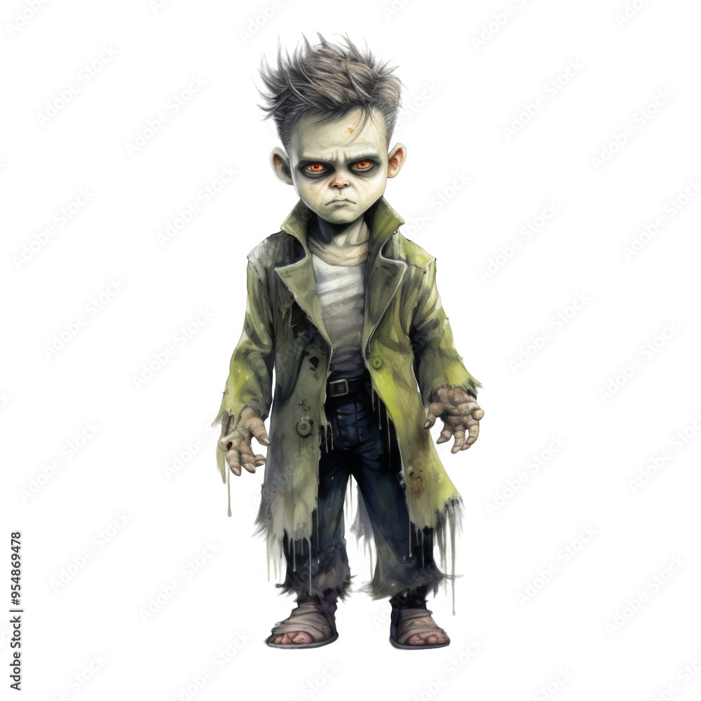 A depiction of a young boy transformed into a zombie. A depiction of a young boy transformed into a zombie.
