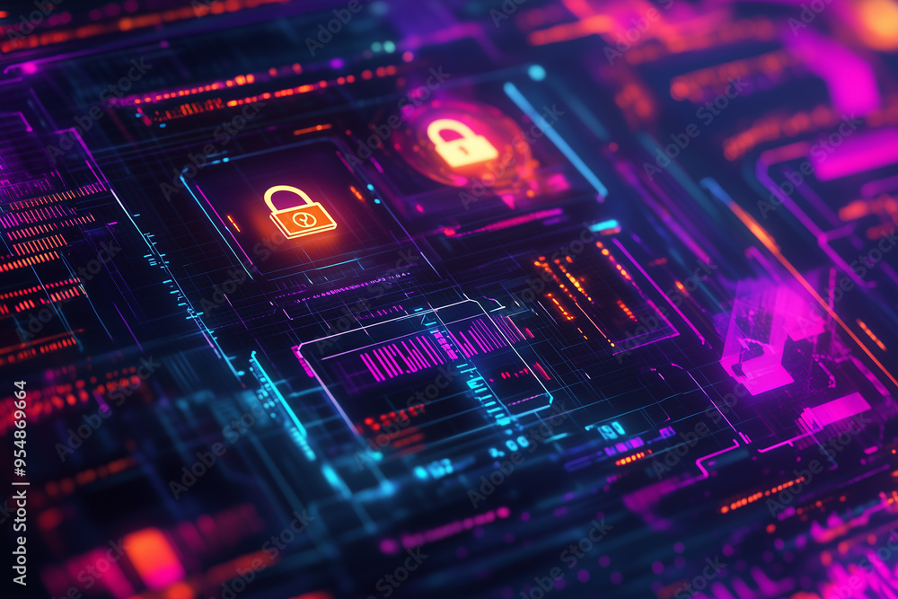 Vibrant virtual interface showcasing secure lock icons in a futuristic holographic design Vibrant virtual interface showcasing secure lock icons in a futuristic holographic design