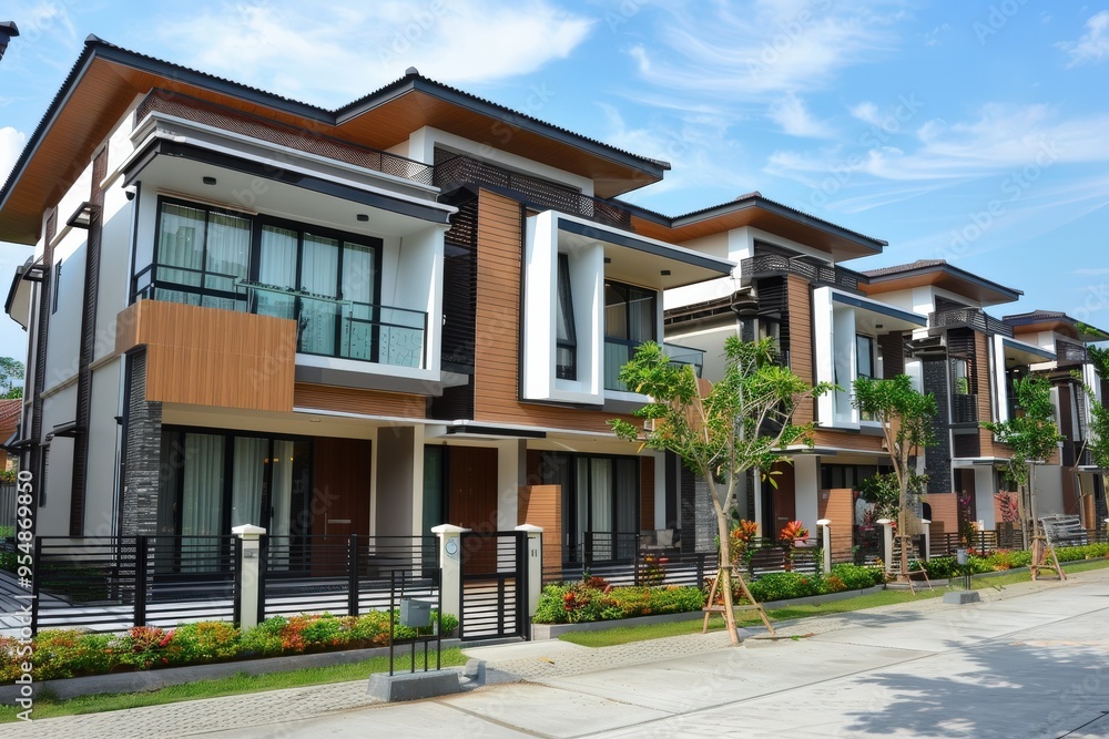 Fototapeta premium Condominiums. Modern Townhouses in a Row, Perfect for Townhome Living