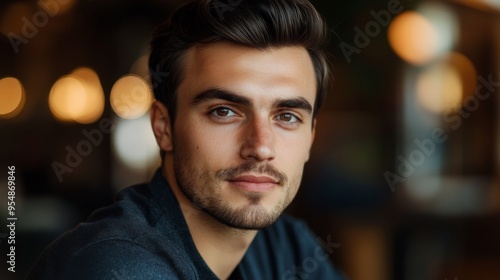 A charming man with a clean shave and strong facial features, looking directly at the camera with a friendly expression, highlighted by a soft, focused background.