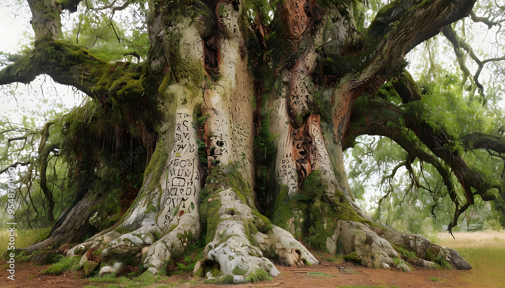 Old Oak Tree with Carved Symbols and Letters Overgrown by Moss Symbolizing Lost and Remembered Memories on World Alzheimer's Day. Old Oak Tree with Carved Symbols and Letters Overgrown by Moss Symbolizing Lost and Remembered Memories on World Alzheimer's Day.