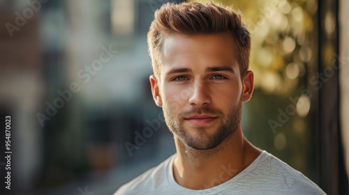 A charming man with a clean shave and strong facial features, looking directly at the camera with a friendly expression, highlighted by a soft, focused background.