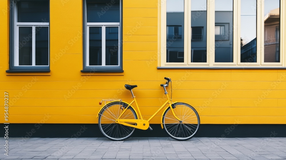 A cheerful yellow bicycle parked in front of a modern building, with its bright color creating a lively contrast against the neutral surroundings. A cheerful yellow bicycle parked in front of a modern building, with its bright color creating a lively contrast against the neutral surroundings.