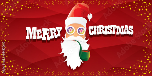 vector bad rock n roll dj santa claus with smoking pipe, beard and greeting calligraphic text on red horizontal banner background with stars. Red Christmas party hipster horizontal poster background
