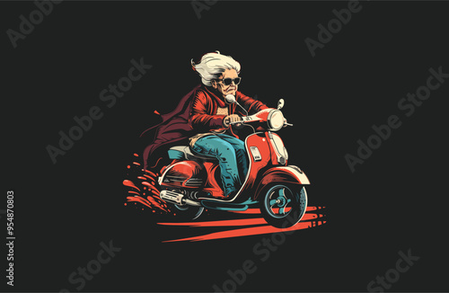 Grandma rides a motorbike  logo vector icon illustration.