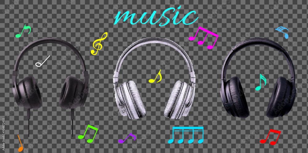 Grunge set of collage elements on the theme of music. Over-ear headphones in a halftone style with doodle elements of notes. An illustration with musical elements on a transparent background Grunge set of collage elements on the theme of music. Over-ear headphones in a halftone style with doodle elements of notes. An illustration with musical elements on a transparent background
