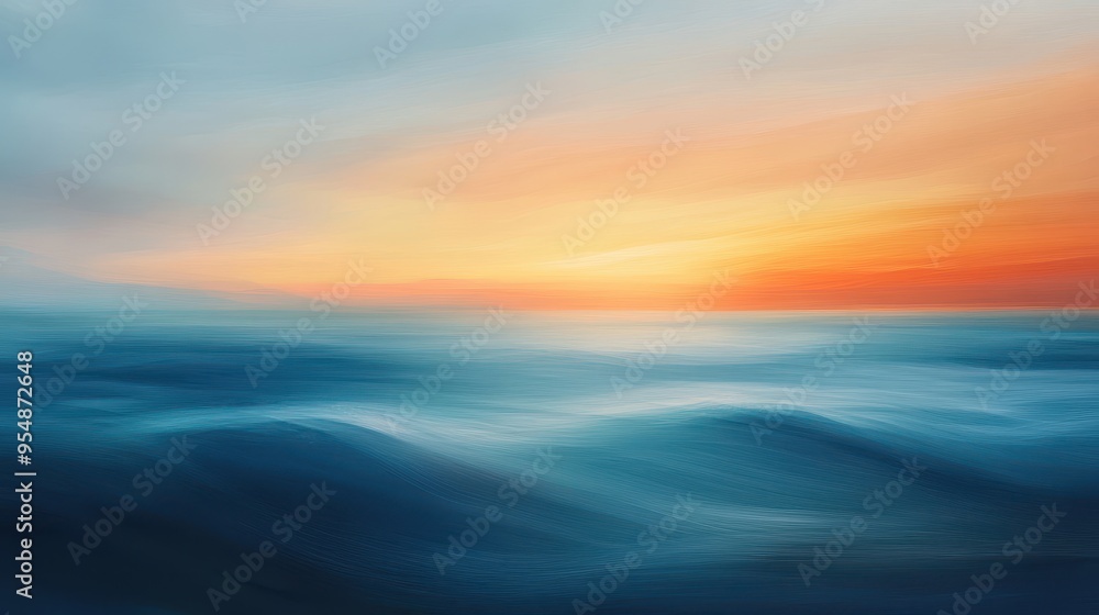 Obraz premium Abstract Ocean Sunset - Digital Painting, Blue and Orange Color Palette, Water, Sea, Waves, Horizon, Sky, Sunset, Nature, Background, Wallpaper, Artwork, Digital Art, Graphic Design