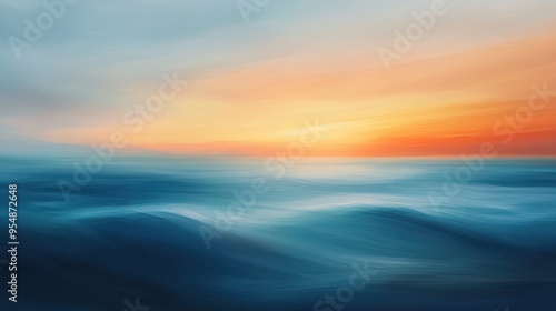 Abstract Ocean Sunset - Digital Painting, Blue and Orange Color Palette, Water, Sea, Waves, Horizon, Sky, Sunset, Nature, Background, Wallpaper, Artwork, Digital Art, Graphic Design