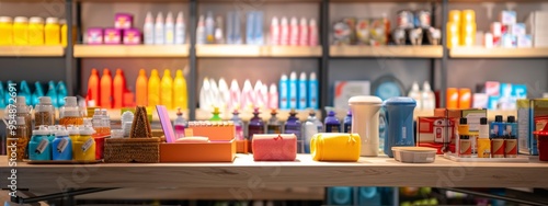 Colorful Household Products Displayed on Table in Store