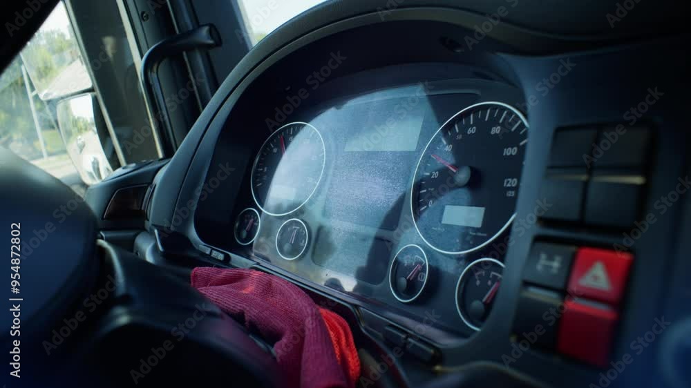 The truck's dashboard displays important information for the driver. High quality 4k footage The truck's dashboard displays important information for the driver. High quality 4k footage