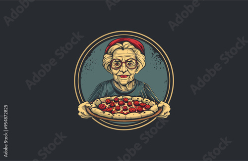 Grandma eats pizza logo vector icon illustration.