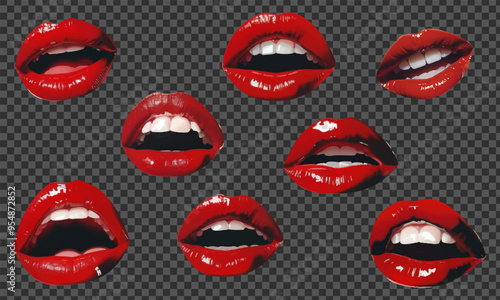 A set of elements for a collage of a woman's mouth. Retro collage templates with red lips. lips in half-tone finish. Retro magazine clippings. Modern vector illustration.