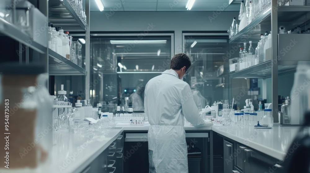 Scientific Laboratory Workstation With Researcher Conducting Experiments Scientific Laboratory Workstation With Researcher Conducting Experiments