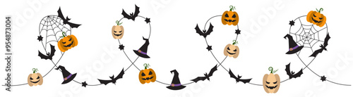 Halloween party decoration garland with bats, pumpkins, witch hat. Cute Jack O Lantern Evil Pumpkin Garland for Halloween. Simple banner hanging party classy decor vector element.