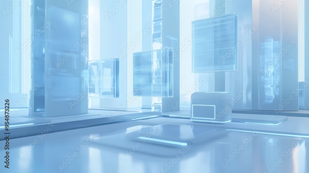 Fototapeta premium Abstract Futuristic Architecture - Blue Glass Panels and Glowing Lines.