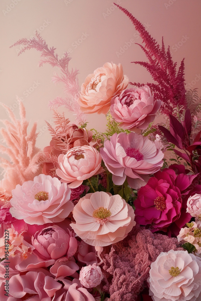 A calm and vibrant realistic scene of flowers and foliage in various shades of soft pink pastel color. Flowers with intricate details and delicate petals A calm and vibrant realistic scene of flowers and foliage in various shades of soft pink pastel color. Flowers with intricate details and delicate petals