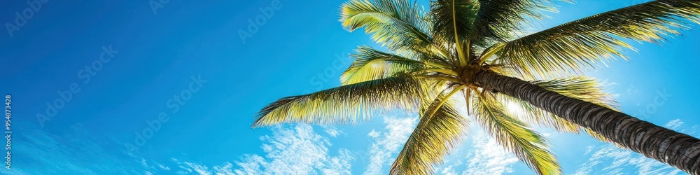 Fototapeta premium Coconut palm tree against a blue sky background, creating a serene and tropical atmosphere. Banner.