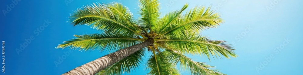 Obraz premium Coconut palm tree against a blue sky background, creating a serene and tropical atmosphere. Banner.