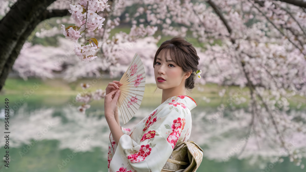 Woman Holding Fan in Kimono Under Cherry Blossoms Woman Holding Fan in Kimono Under Cherry Blossoms