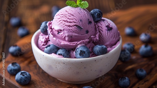 Bowl of blueberry ice cream topped with fresh berries on a wooden surface. Great for food photography, dessert recipes, and summer-themed promotions.