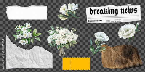 A set of possible collage stickers. Vector collection of torn paper, retro quias. Sheet of burnt old letter, torn crumpled paper, flower and vintage white poinsettia flowers. 