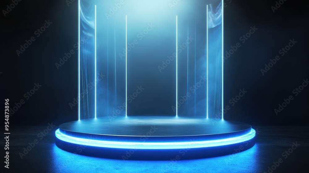 Futuristic Blue Neon Lights Podium with Glowing Effect - 3D Rendering. Futuristic Blue Neon Lights Podium with Glowing Effect - 3D Rendering.