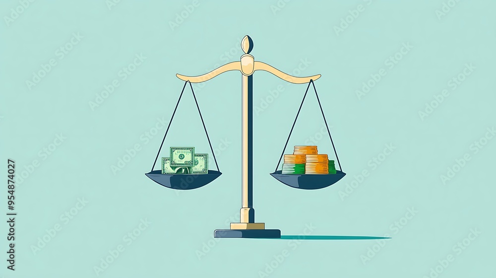 Money and Coins on a Scale: A Symbol of Balance Money and Coins on a Scale: A Symbol of Balance