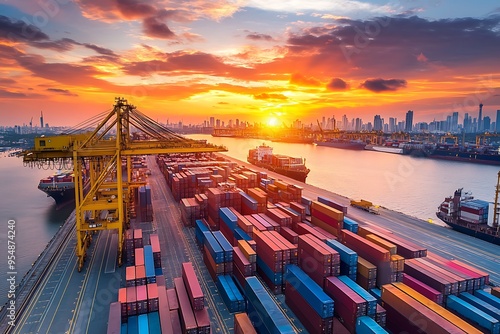 Container Port at Sunset: Cargo Ships, Cranes, and Busy Shipping