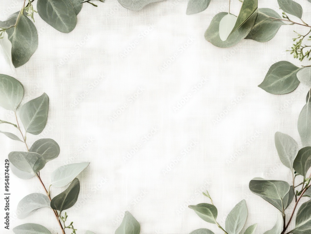 Naklejka premium Green Eucalyptus Leaves Border Frame on White Linen Background.