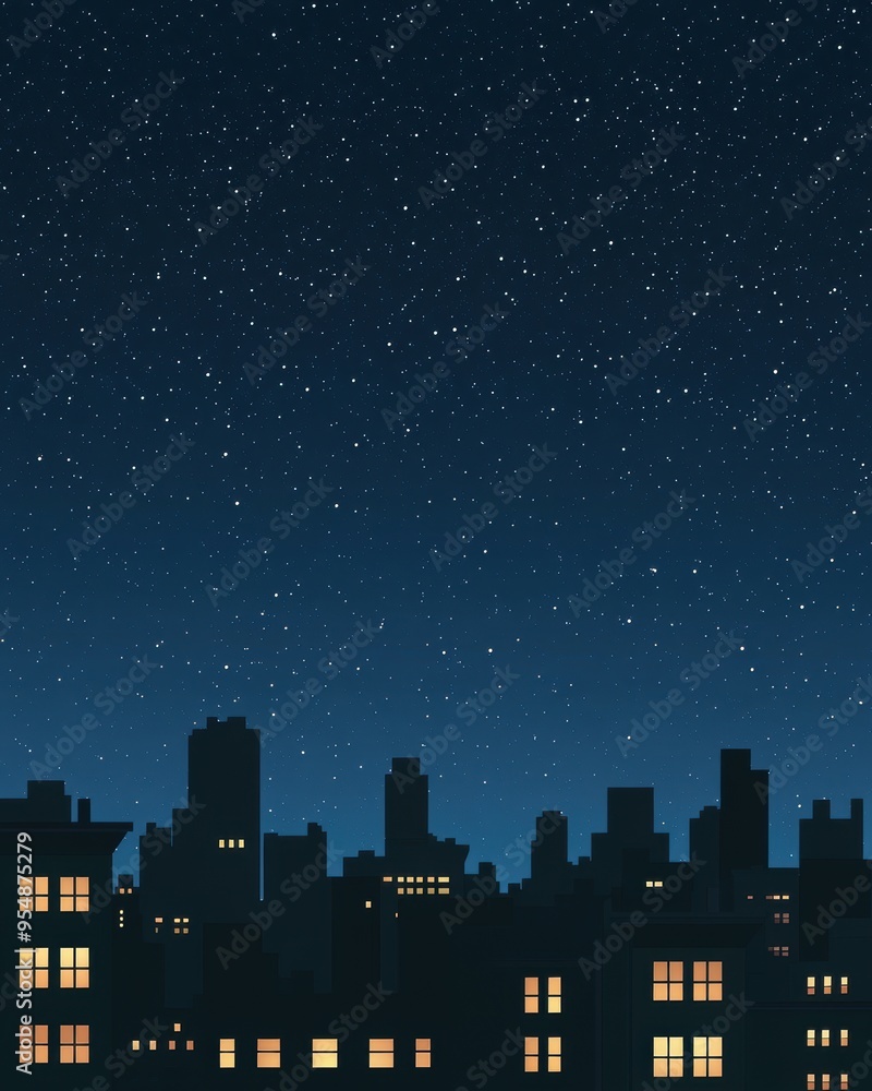 Night City Skyline with Starry Sky - Urban Landscape with Lights and Buildings. Night City Skyline with Starry Sky - Urban Landscape with Lights and Buildings.