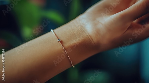 A graceful wrist showcases a delicate bracelet, surrounded by a calming indoor atmosphere and soft, muted lighting photo