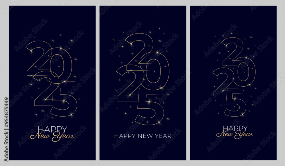 New Year banner or card design template with line drawing of number 2025. Minimalist style with golden contour lines. Vector illustration New Year banner or card design template with line drawing of number 2025. Minimalist style with golden contour lines. Vector illustration